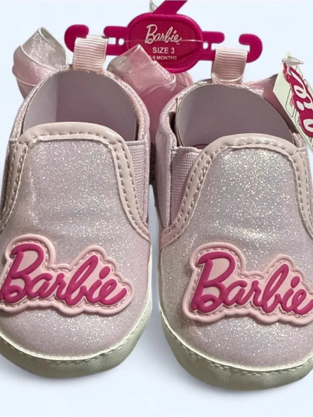 Barbie Shimmer Pink Slip-On Baby Shoes with Logo